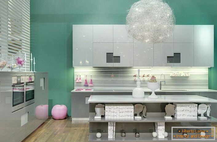 Light gray shades and fashionable mint in the kitchen in the style of the avant-garde in one of the houses near Moscow.