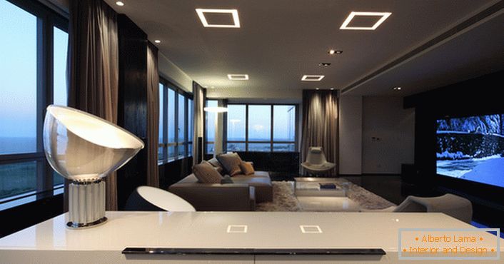 Unusual lighting variations in the living room in high-tech style give enough light.