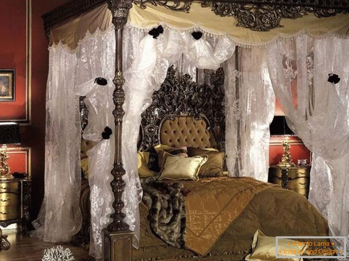 Proper design of the baroque bedroom in dark colors.