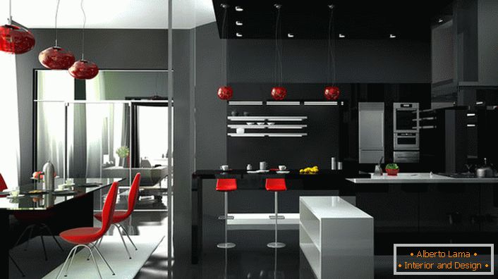 Elegant studio room with original high-tech furniture. Red color always looks on the black and white background of the interior.