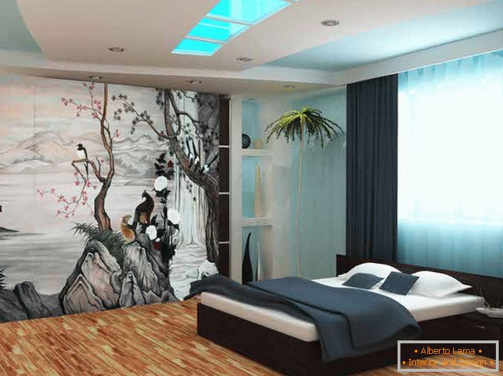 To decorate the bedroom walls in the style of Japanese minimalism, the wallpaper with photo printing was used. The thematic drawing makes the composition original and complete.