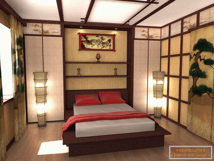 The design project of a bedroom in the style of Japanese minimalism is the work of a graduate of a Moscow university. A competent combination of all the details of the composition makes the bedroom stylish and oriental in refinement.