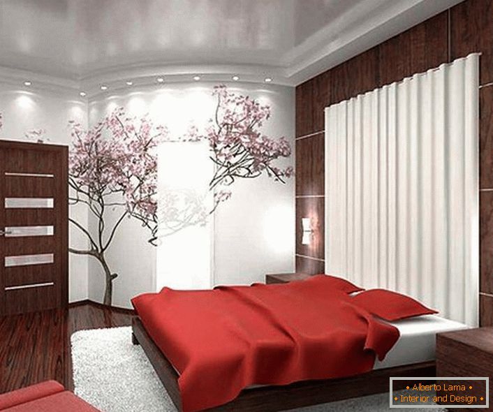 Often, for the interior design in the style of Japanese minimalism, an image of Japanese cherry blossoms is used. 