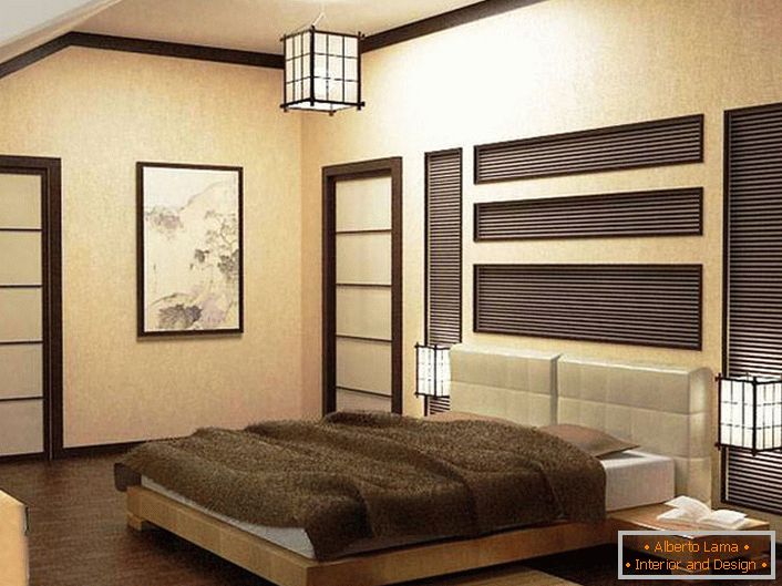 The bedroom in the style of Japanese minimalism is decorated in beige and brown tones. Attention is attracted to lighting devices. Ceiling chandelier is made in one design with bedside lamps. 