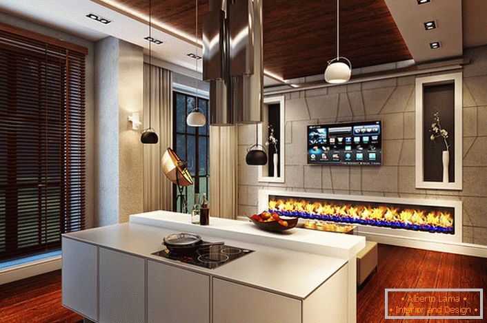 So it looks like a bio-fireplace in the interior of a spacious kitchen in high-tech style.