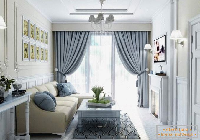 Design of the living room with panoramic windows and beautiful curtains
