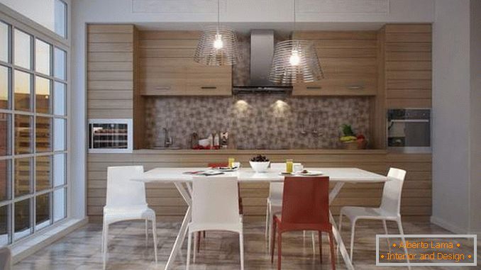 Modern kitchen design with a panoramic window - interior photo