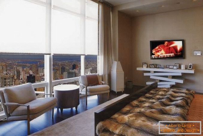 Design of a bedroom with panoramic windows in a city apartment
