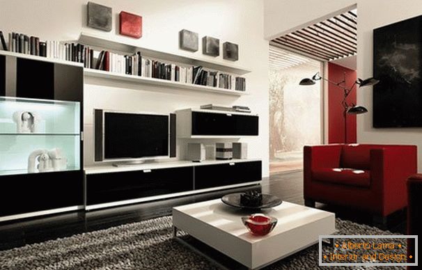 Red and black accents in the white living room