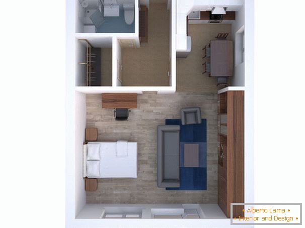 The layout of the studio apartment