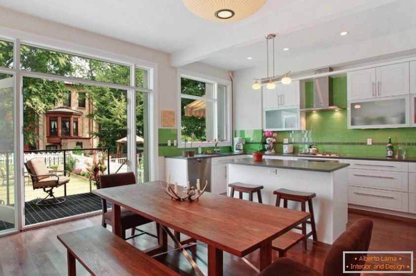 Kitchen interior design in modern style, green and dark brown colors