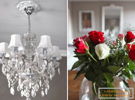 Crystal chandelier and bouquet of roses
