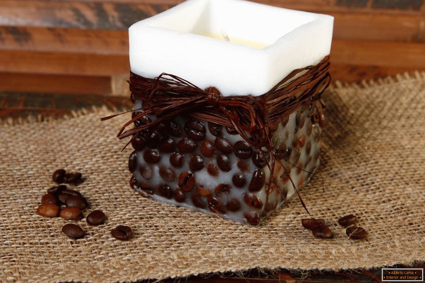 Decorating candles with coffee beans