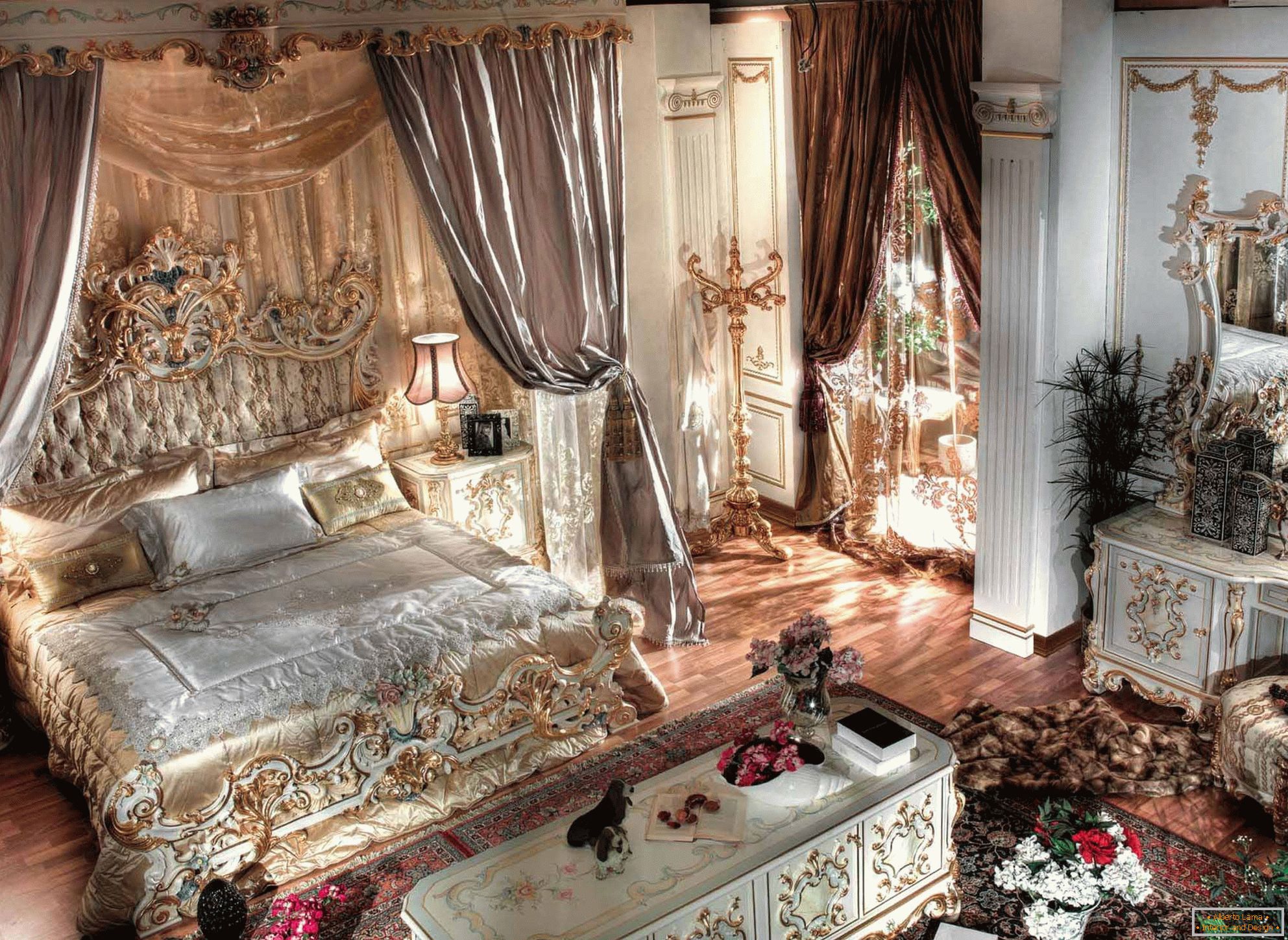 Luxurious baroque bedroom with high ceilings. In the center of the composition is a massive bed made of wood with carved backs.