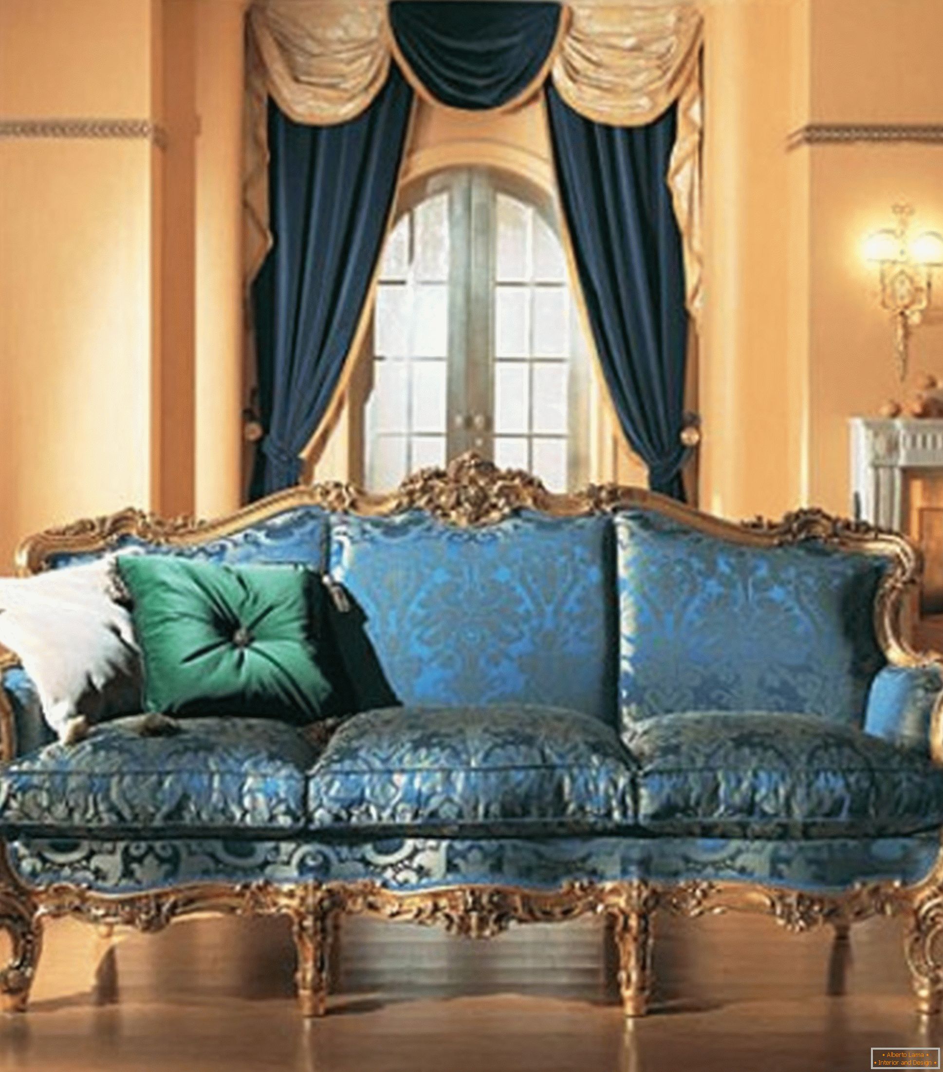 The combination of contrasting colors in the decoration of the living room in the Baroque style.