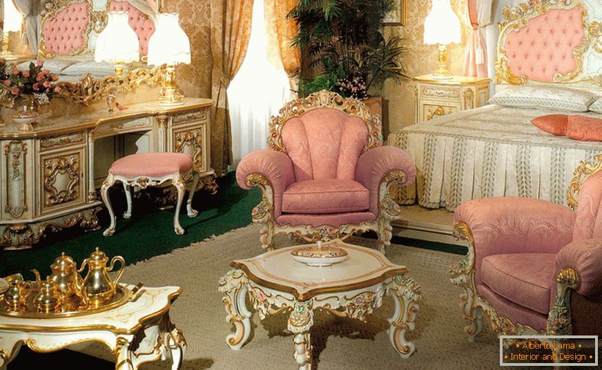 A gentle bedroom in baroque style with pink tones.