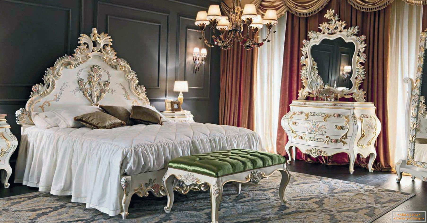 To decorate the bedroom, a contrast of dark brown, gold, red and white colors was used. The furniture is selected according to the style of the baroque.