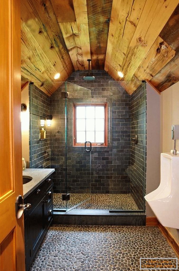 Bathroom with wood and stone decoration