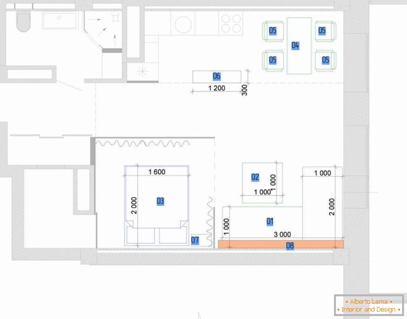 The layout of a studio apartment with a separate bedroom