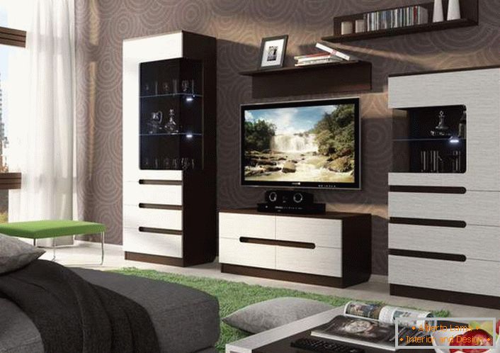 Modular furniture for living room in high-tech style. Hi tech does not tolerate boring, jaded symmetry.