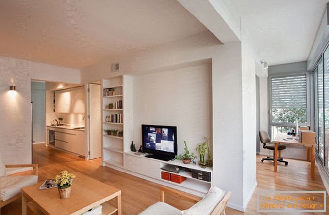 Interior of studio apartment in light colors