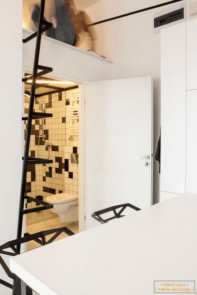 A bathroom of studio apartment in black and white