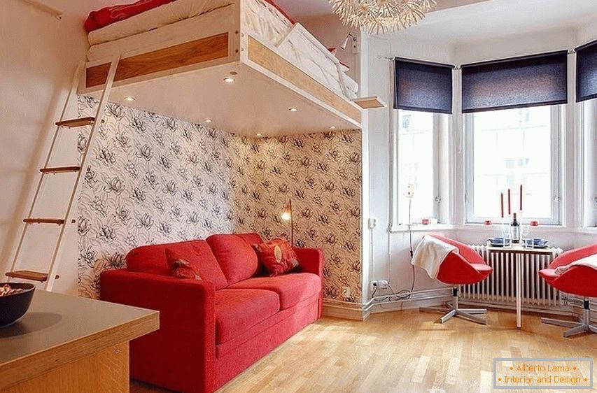Bed-loft under the ceiling for studio apartment