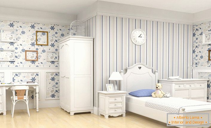 A spacious room in country style for a child. Stylish modern furnishings in the rustic style are decorated with empty frames - a creative design step.