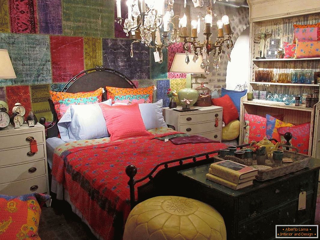 Bed with multi-colored pillows