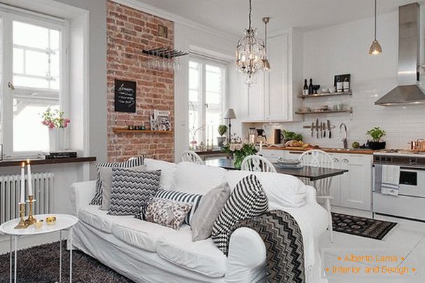 Brickwork in the interior of the studio apartment