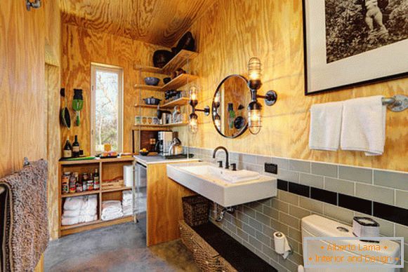 The combination of urban and rural styles in the design of the bathroom