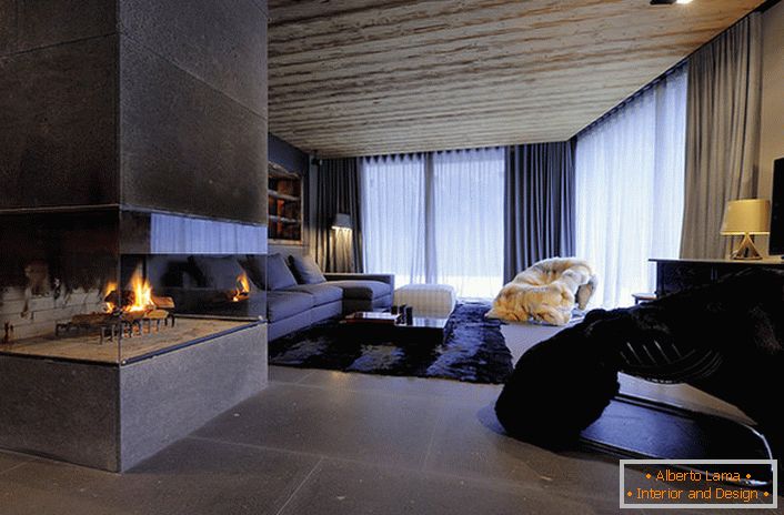 A large fireplace-cube for a spacious living room.