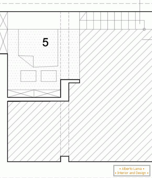 The layout of the bedroom on the second level