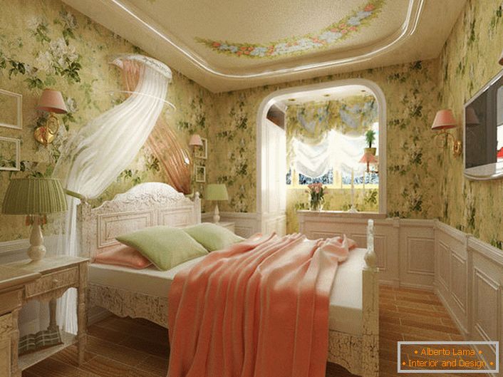 Bedroom in the French style for a young lady. The unusual design intent is notable for the decoration of walls with a floral print.