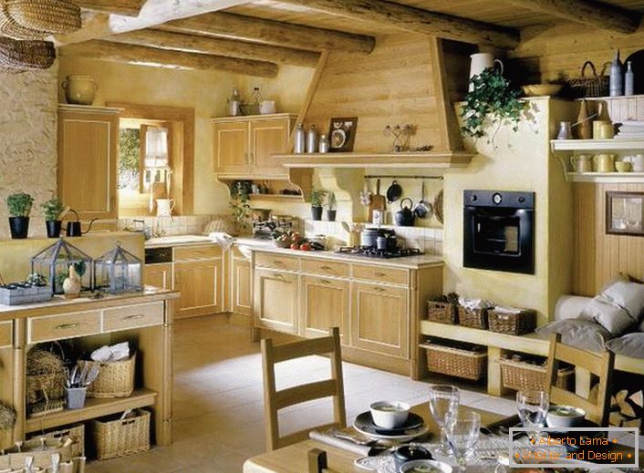 Kitchen in the French style of solid wood is decorated with flowers, which are evenly arranged around the room. 