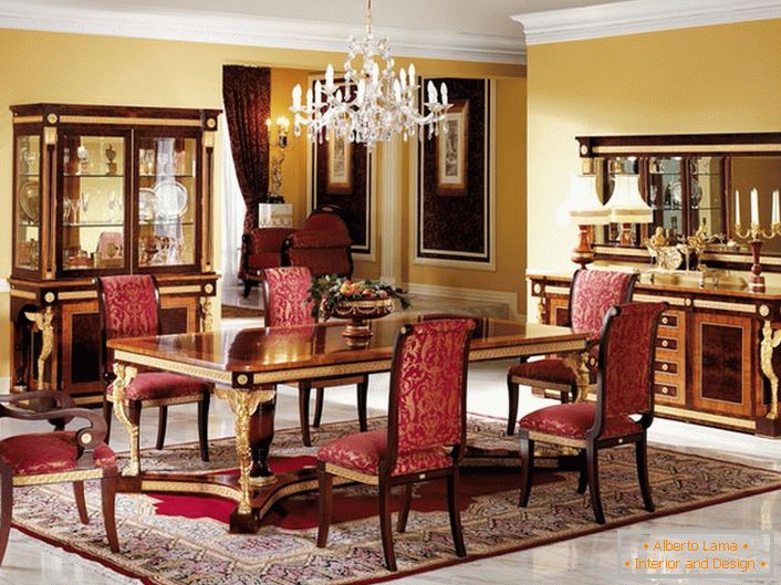 Luxurious dining room in Empire style with bright accents of noble red.