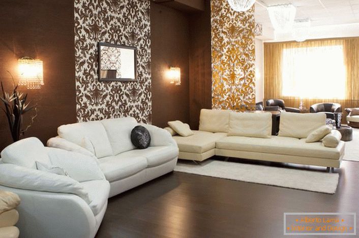 A contrasting combination of dark brown and white - a classic solution for the design of the guest room in Empire style.
