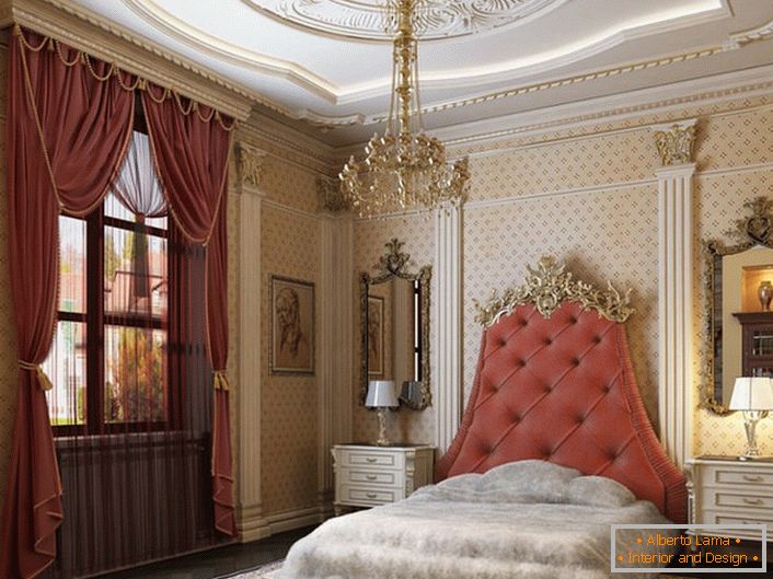 In the center of the design composition is a bed with a high headboard, upholstered with soft tissue of the color of a tea rose. 