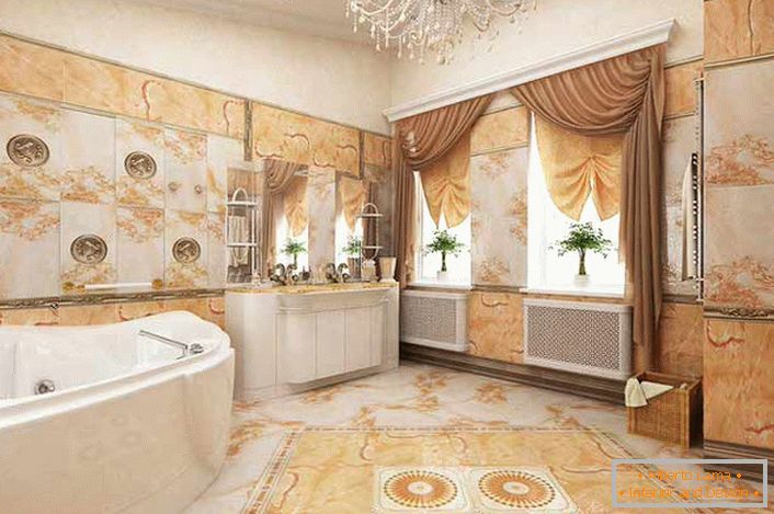 The color of ivory harmoniously combines with the shades of bright orange in the bathroom, decorated in Empire style.