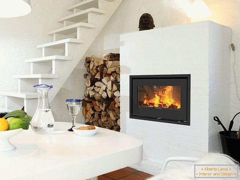 Fireplace under the stove in the modern living room