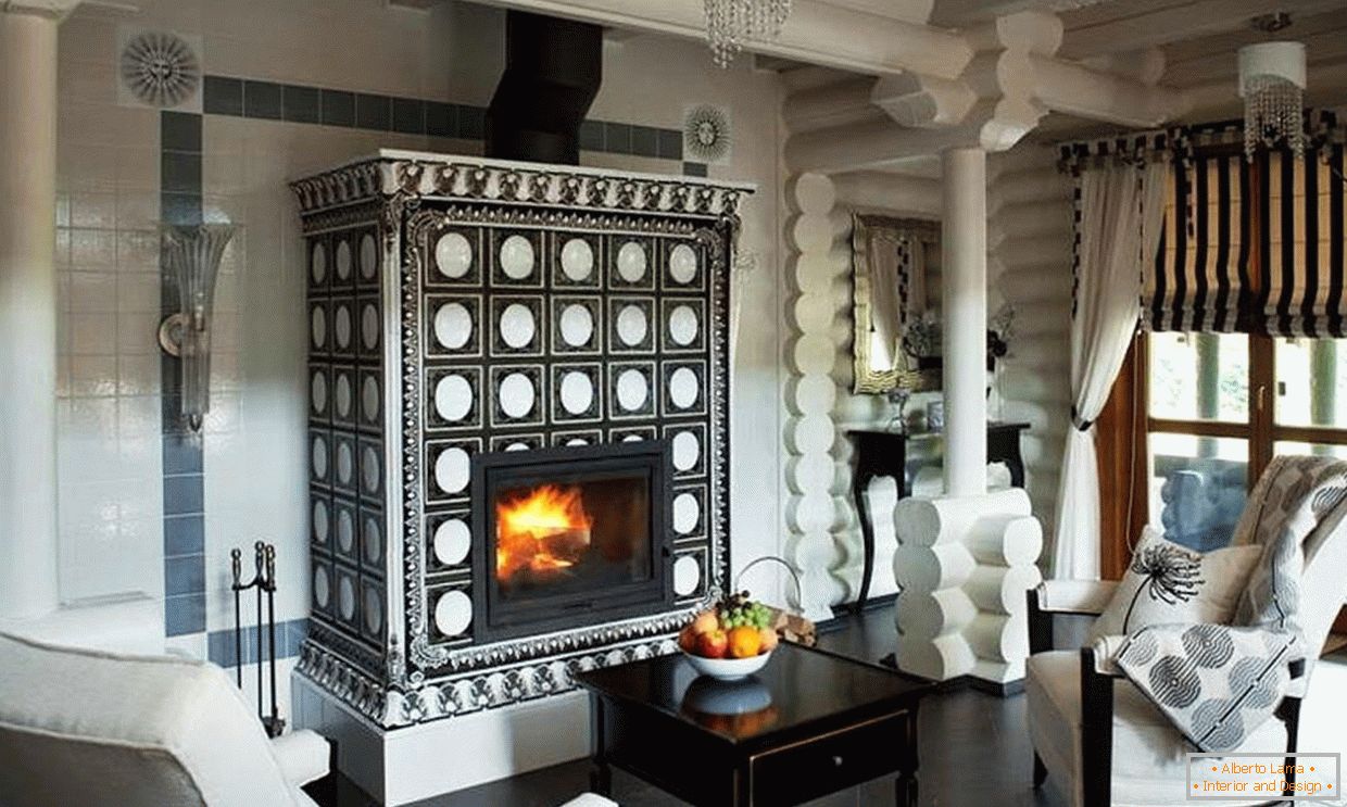 A small stove in the living room decorated with tiles