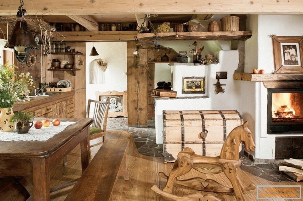 Interior of a house in the style of a Russian farmstead