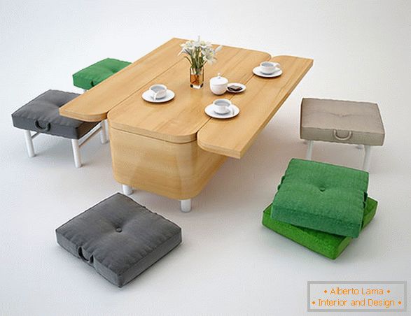 Dining table and pouffes