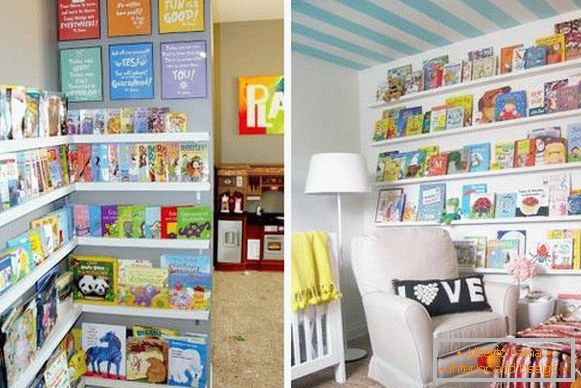 Children's books on the shelves on the wall