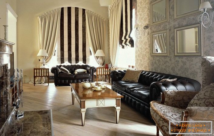 An example of a drawing room. The designer at the interior center put Chester's luxurious leather sofas and beat them with light wallpaper. 