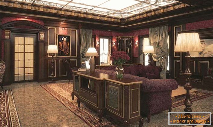A spacious living room in the Victorian style of an elite club retaining English traditions.