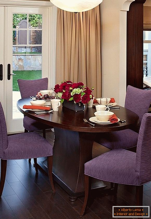 Purple chairs in the classic dining room