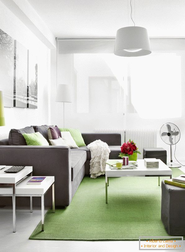 Interior of living room with light green accents