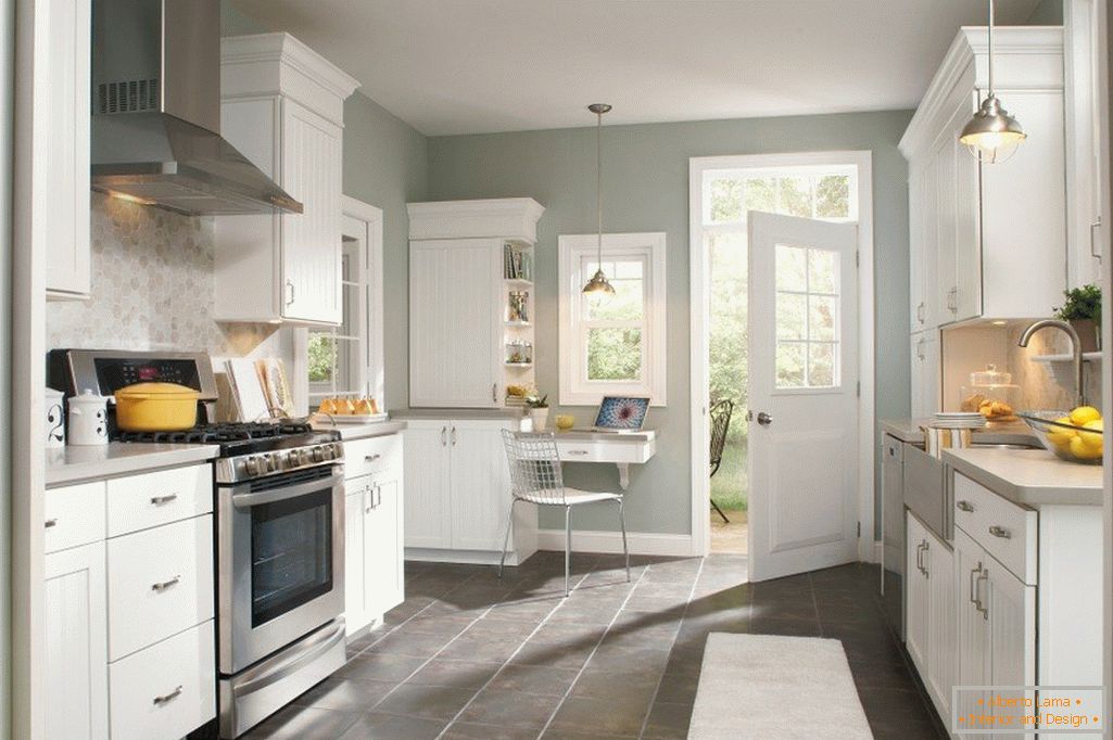 White furniture and gray walls in the interior of the kitchen