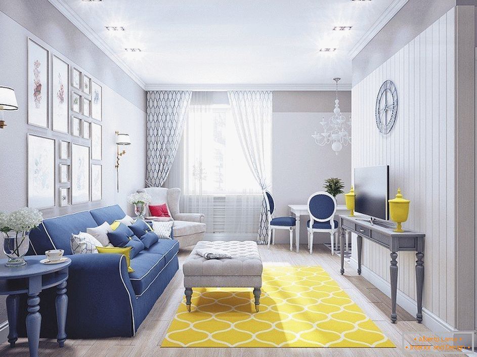 Gray living room with yellow carpet